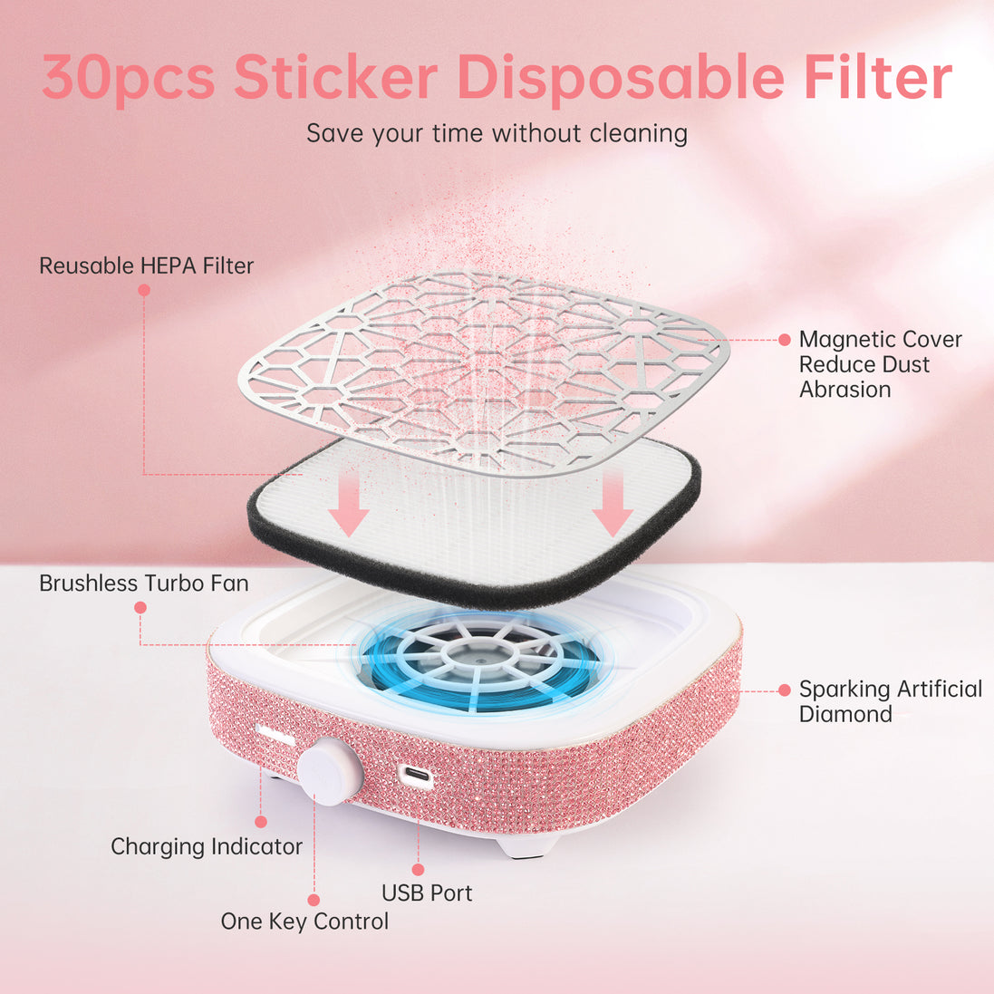 Rechargeable Nail Dust Collector Pink Rhinestones- CS9