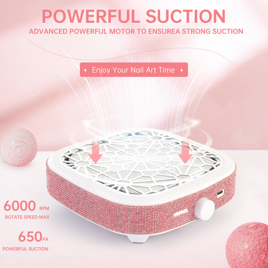 Rechargeable Nail Dust Collector Pink Rhinestones- CS9
