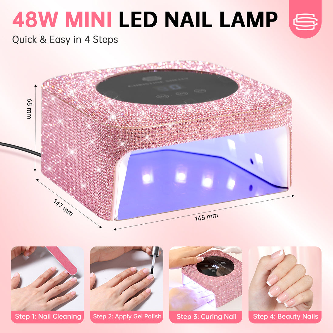 48W Plug-in UV Nail Lamp Pink Rhinestones- CSH12
